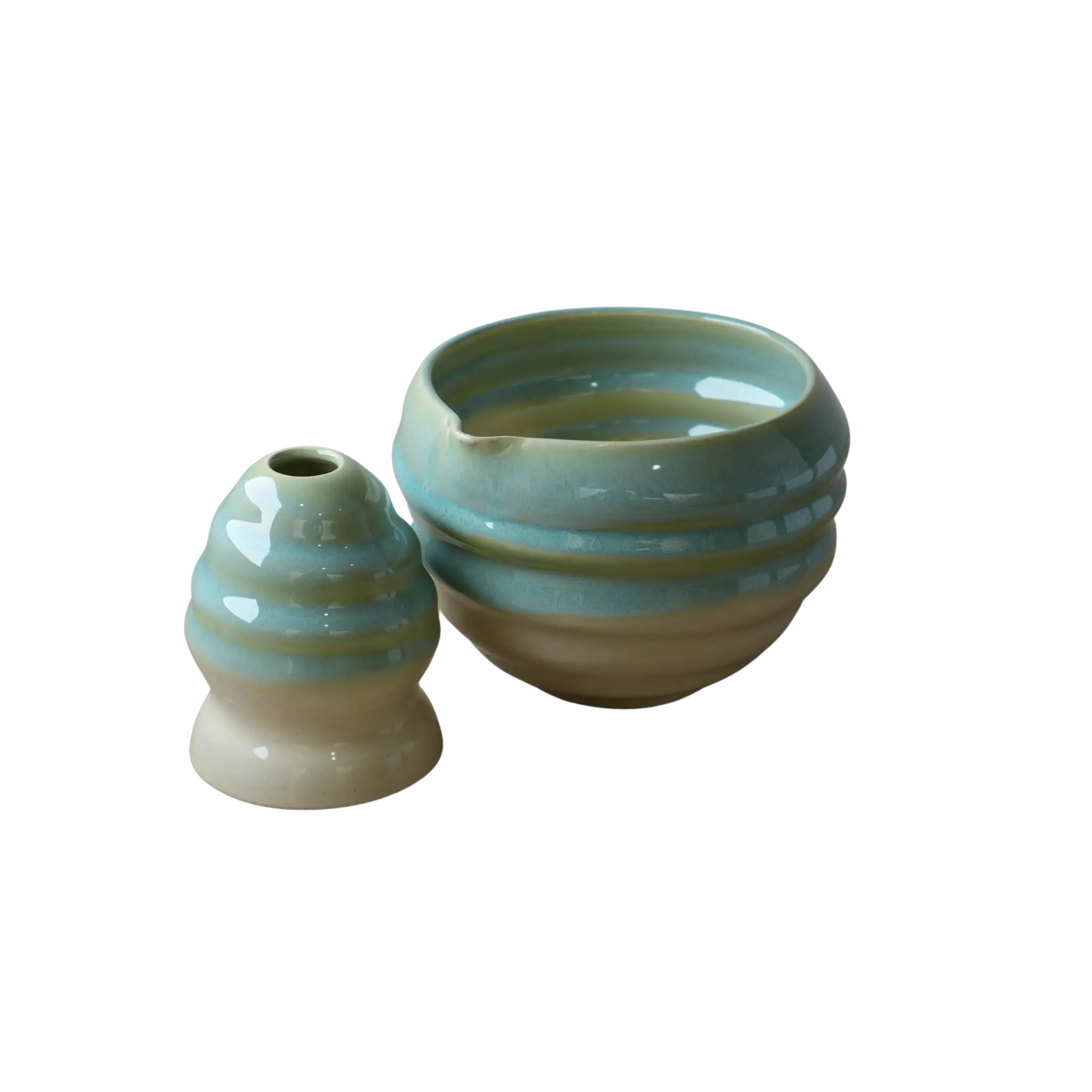 Set Cerámica Sora con diseño azul y beige, incluye taza y recipiente pequeños para bebidas